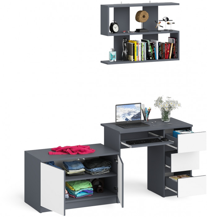 Мори Стол компьютерный МС-6 правый + Тумба МА900.1 + Полка 900, цвет графит/белый, ШхГхВ 180,4х50,4х209,6 см., НЕ универсальная сборка