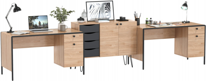 Брюс Стол 12.157 + Комод 16.233 + Стол 12.157, цвет чёрный/Battle rock Santiago/столешница МДФ ель карпатская, 373,4х62,6(38,3)х75(85,6) см., ун. сб.