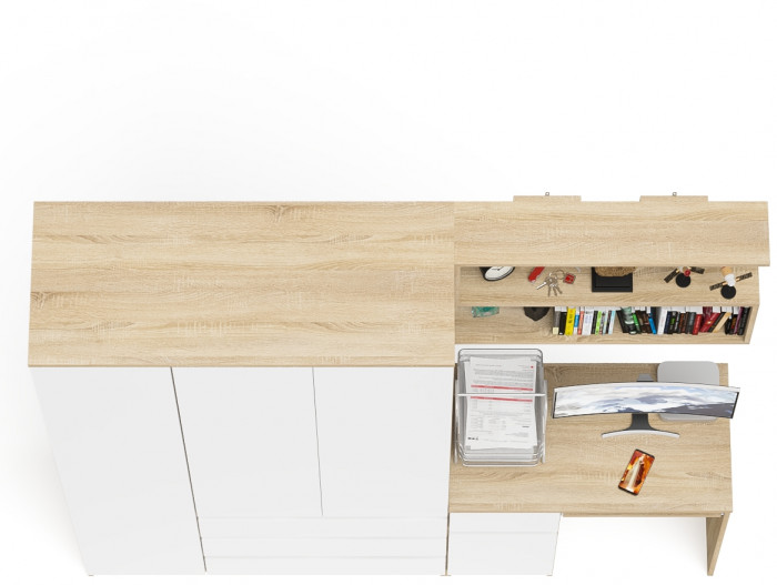 Мори компьютерный стол МС-1 левый + Шкаф МШ1200.1 + Полка 900, дуб сонома/белый