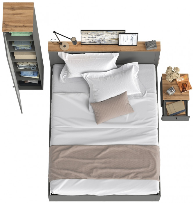 Остин 11.53 Кровать + ортопед + 13.227 Шкаф-пенал + 16.152 Тумба прикроватная, серый графит/дуб крафт золотой