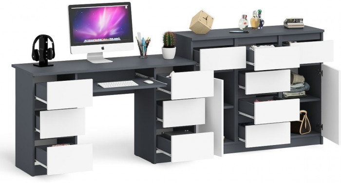 Мори компьютерный стол МС-2 + Комод МК1200.4, графит/белый