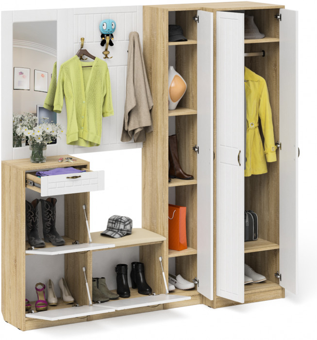 Прихожая П-6 Компоновка № 31, дуб сонома/фасады МДФ белое дерево фрезеровка прованс