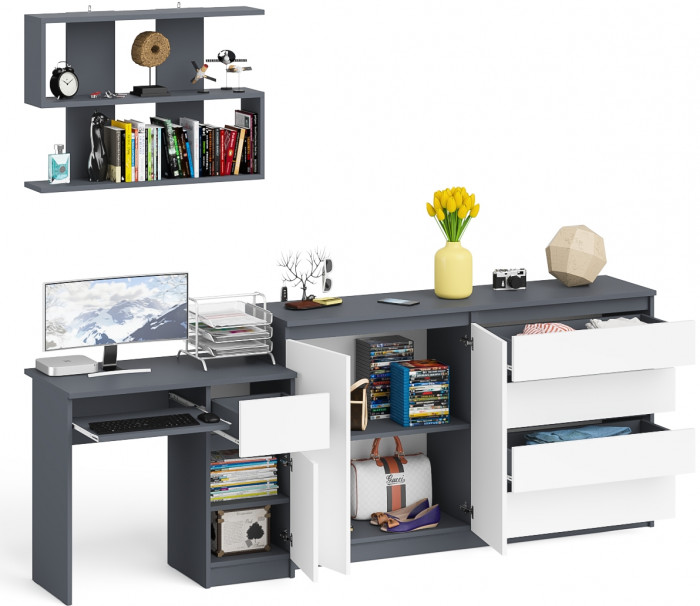Мори компьютерный стол МС-1 правый + Комод МК1600.1 + Полка 900, графит/белый