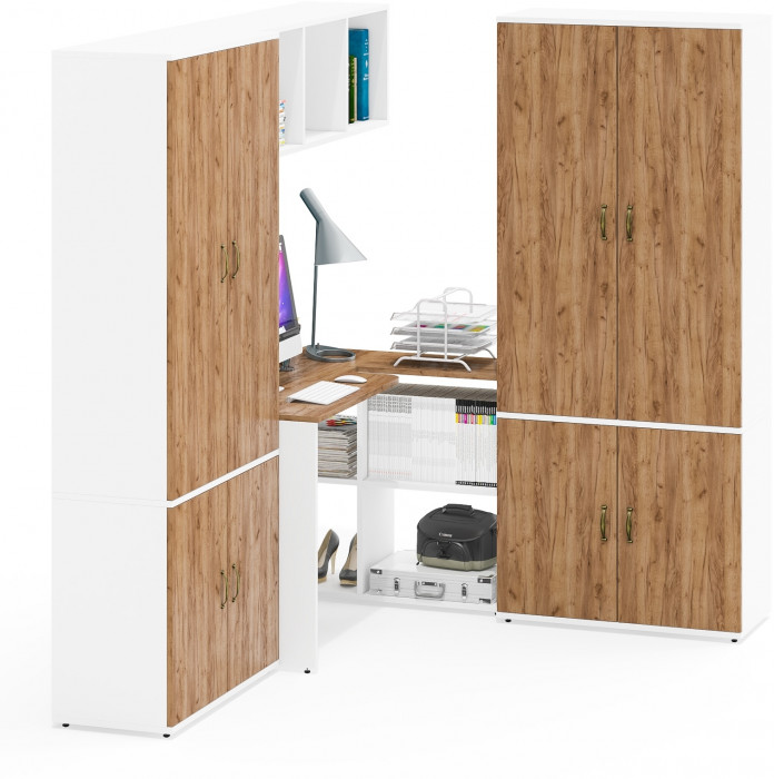 Лидер-8 Стол + Полка + Шкаф МД 20Б + Шкаф МД 20Б, белый шагрень/крафт золото