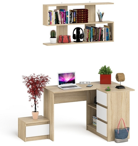 Мори Стол компьютерный МС-16 правый + Тумба ТМП400.1 + Полка 1200, цвет дуб сонома/белый, ШхГхВ 164,8х84,9х209,6 см., НЕ универс. сборка