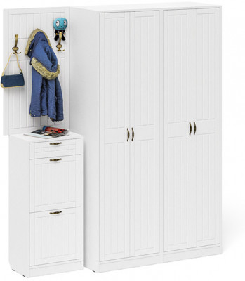 Прихожая П-6 Компоновка № 15, цвет белая шагрень/фасады МДФ белое дерево фрезеровка прованс, ШхГхВ 180х50х210 см., универсальная сборка