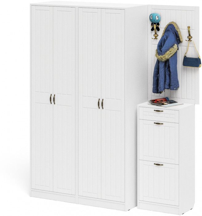 Прихожая П-6 Компоновка № 15, цвет белая шагрень/фасады МДФ белое дерево фрезеровка прованс, ШхГхВ 180х50х210 см., универсальная сборка