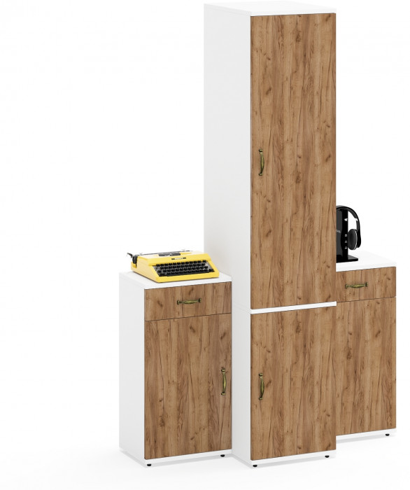 Лидер-8 Пенал МД 23Б + Тумба МД 3.15 + Тумба МД 3.15, белый шагрень/крафт золото