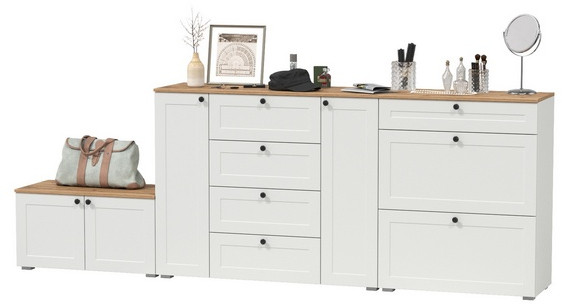 Остин 16.221 Комод + 16.121 Тумба для обуви + 13.257 Тумба, белый шагрень/дуб крафт золотой