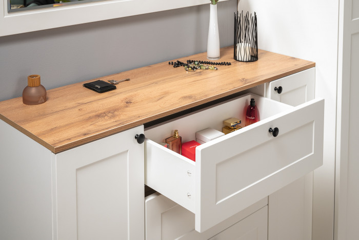 Остин 16.221 Комод + 16.121 Тумба для обуви + 13.257 Тумба, белый шагрень/дуб крафт золотой