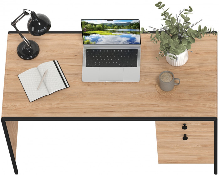 Брюс Стол письменный 12.157, цвет чёрный/дуб Сантьяго/столешница МДФ ель карпатская, ШхГхВ 130х62,6х75 см., универсальная сбока