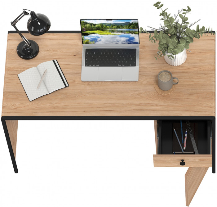 Брюс Стол письменный 12.157, цвет чёрный/дуб Сантьяго/столешница МДФ ель карпатская, ШхГхВ 130х62,6х75 см., универсальная сбока