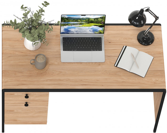 Брюс Стол письменный 12.157, цвет чёрный/дуб Сантьяго/столешница МДФ ель карпатская, ШхГхВ 130х62,6х75 см., универсальная сбока