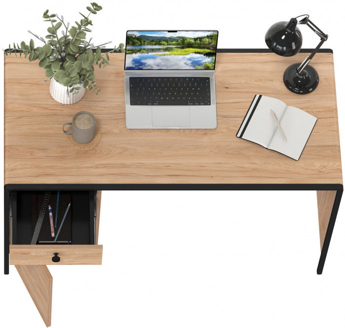 Брюс Стол письменный 12.157, цвет чёрный/дуб Сантьяго/столешница МДФ ель карпатская, ШхГхВ 130х62,6х75 см., универсальная сбока