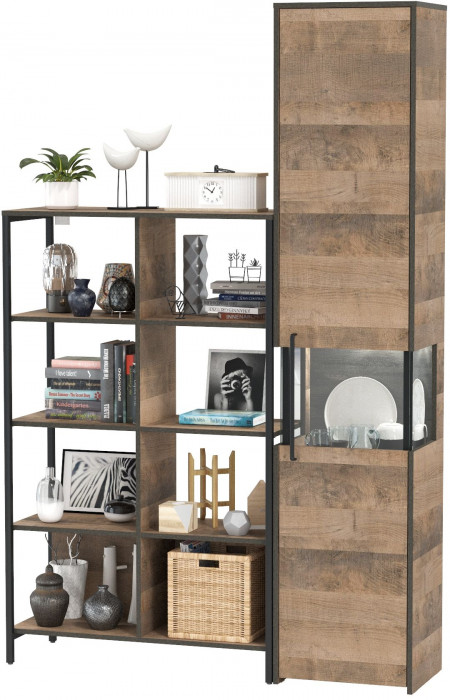 Трувор 13.151.02 Стеллаж + 13.205 Шкаф-пенал с витриной, цвет дуб гранж песочный/интра, ШхГхВ 134,8х37х210 см., универсальная сборка