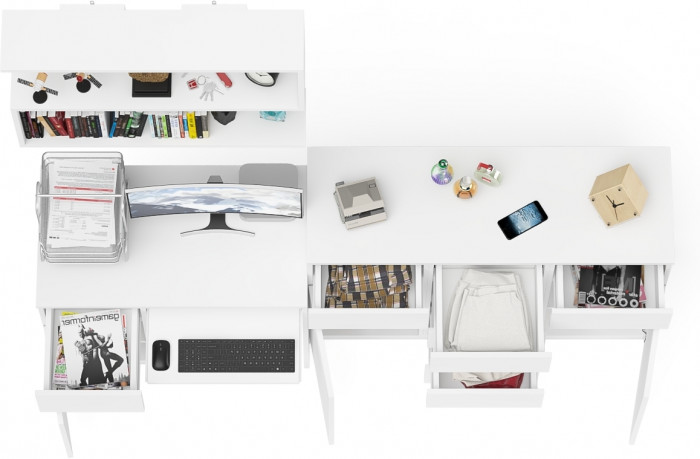 Мори Стол компьютерный МС-1 левый + Комод МК1200.4 + Полка 900, цвет белый, ШхГхВ 210,4х50х209,6 см., НЕ универсальная сборка