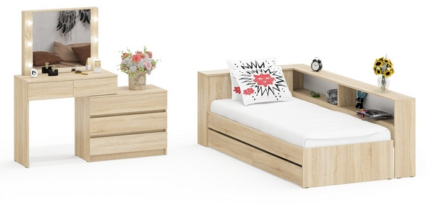 Ксения Кровать с ящиками 0900 + прикроватный блок + Столик с подсветкой 110, дуб сонома