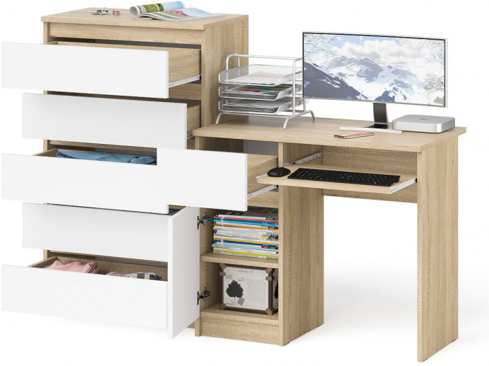 Мори компьютерный стол МС-1 левый + Комод МК700.5, дуб сонома/белый