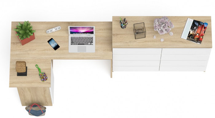 Мори компьютерный стол МС-16 левый + Комод МК1200.8, дуб сонома/белый