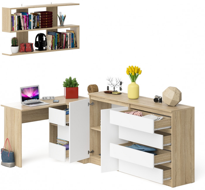 Мори компьютерный стол МС-16 правый + Комод МК1600.1 + Полка 1200, дуб сонома/белый