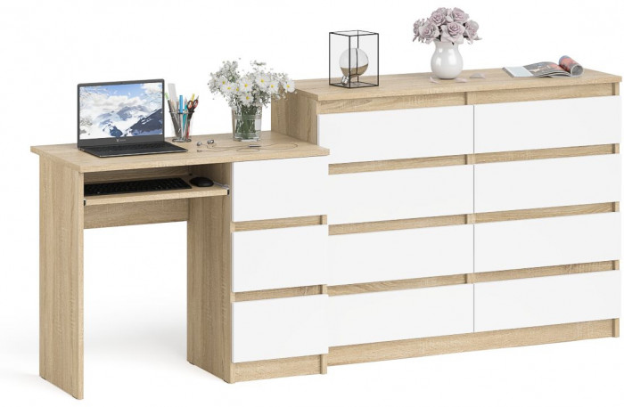 Мори компьютерный стол МС-6 правый + Комод МК1200.8, дуб сонома/белый