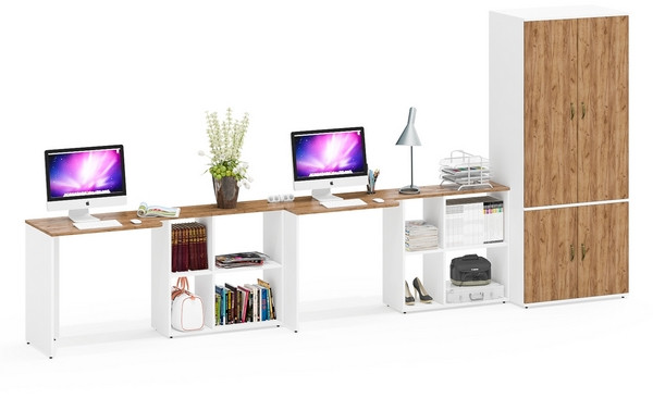 Лидер-8 Стол + Стол + Шкаф МД 19Б, цвет белый шагрень/крафт золото, ШхГхВ 410х50х75/190 или 230х160/50х75/190 см., НЕ универсальная сборка