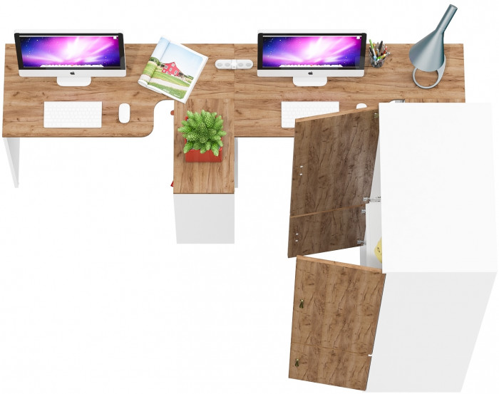 Лидер-8 Стол + Стол + Шкаф МД 19Б, цвет белый шагрень/крафт золото, ШхГхВ 410х50х75/190 или 230х160/50х75/190 см., НЕ универсальная сборка