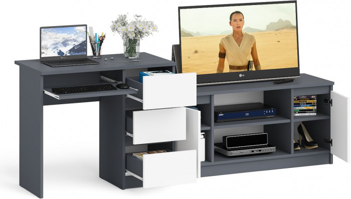 Мори компьютерный стол МС-6 правый + Тумба МТВ1200.1, графит/белый