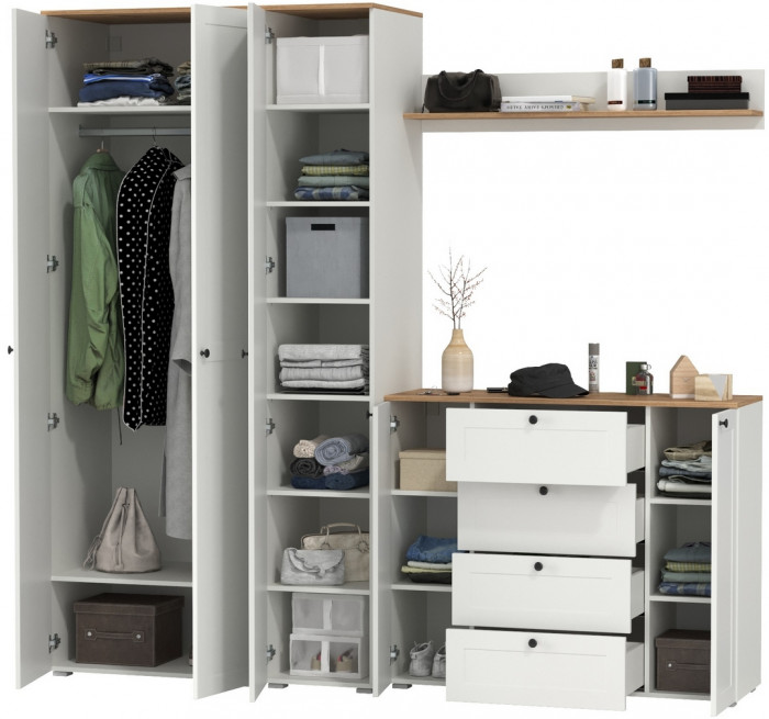 Остин Прихожая 75, цвет белый шагрень/дуб крафт золотой, ШхГхВ 240х54,3х229,6 см., универсальная сборка