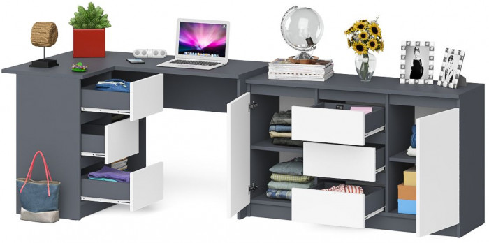 Мори Стол компьютерный МС-16 левый + Комод МК1200.3, цвет графит/белый, ШхГхВ 244,8х84,9х76,6 см., выдвижные ящики слева, НЕ универсальная сборка