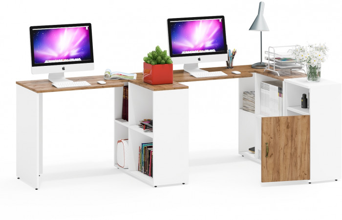 Лидер-8 Стол + Стол + Тумба МД 3.19, белый шагрень/крафт золото