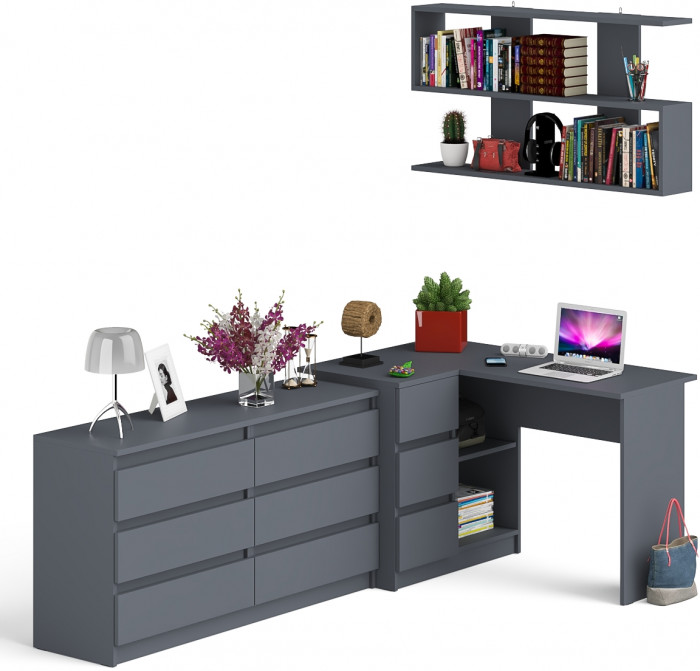Мори компьютерный стол МС-16 левый + Комод МК1380.6 + Полка 1200, графит
