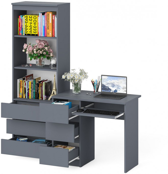 Мори компьютерный стол МС-6 левый + Стеллаж МСТ600.3, графит