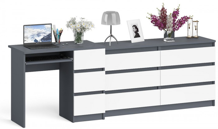 Мори компьютерный стол МС-6 правый + Комод МК1380.6, графит/белый