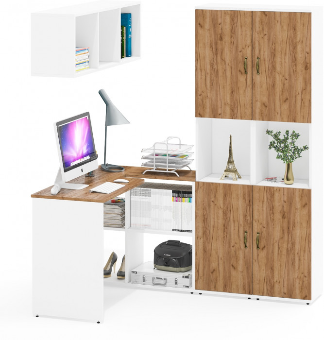 Лидер-8 Стол + Полка + Пенал + Пенал, цвет белый шагрень/крафт золото, ШхГхВ 245х50/30х75/190 или 160х115/30х75/190 см., НЕ универсальная сборка