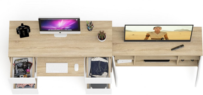 Мори Стол компьютерный МС-2 + Тумба МТВ1200.1, цвет дуб сонома/белый, ШхГхВ 255,8х50х76,6 см., универсальная сборка