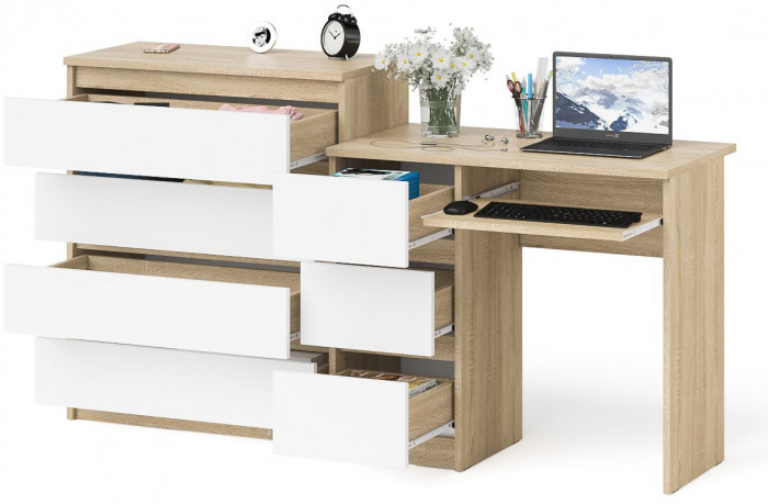 Мори Стол компьютерный МС-6 левый + Комод МК800.4, цвет дуб сонома/белый, ШхГхВ 170,4х50х94 см., выдвижные ящики слева, НЕ универсальная сборка