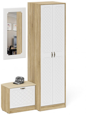 Прихожая П-6 Компоновка № 11, дуб сонома/фасады МДФ белое дерево фрезеровка ромб