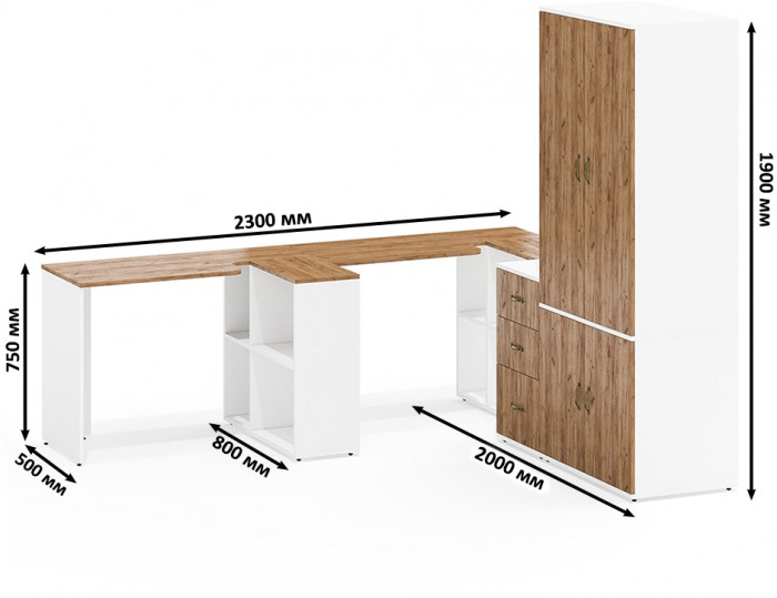 Лидер-8 Стол + Стол + Шкаф МД 19Б + Тумба МД 3.16, белый шагрень/крафт золото
