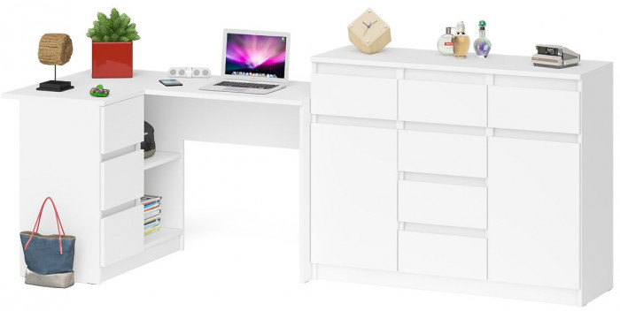 Мори Стол компьютерный МС-16 левый + Комод МК1200.4, цвет белый, ШхГхВ 244,8х84,9х94 см., выдвижные ящики слева, НЕ универсальная сборка