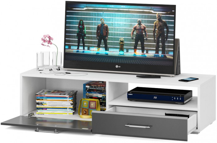 Тумба под ТВ Ларго 1, корпус белый/фасады МДФ графитово-серый глянец