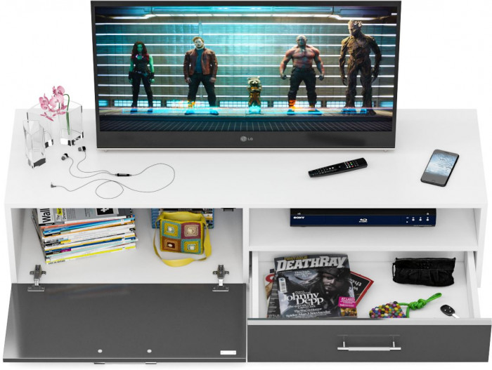 Тумба под ТВ Ларго 1, корпус белый/фасады МДФ графитово-серый глянец