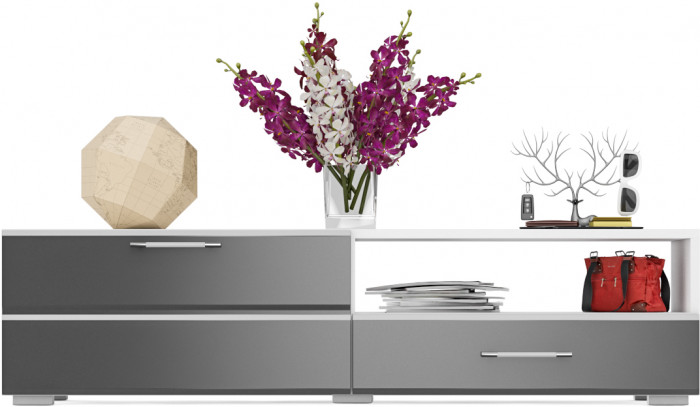 Тумба под ТВ Ларго 1, корпус белый/фасады МДФ графитово-серый глянец