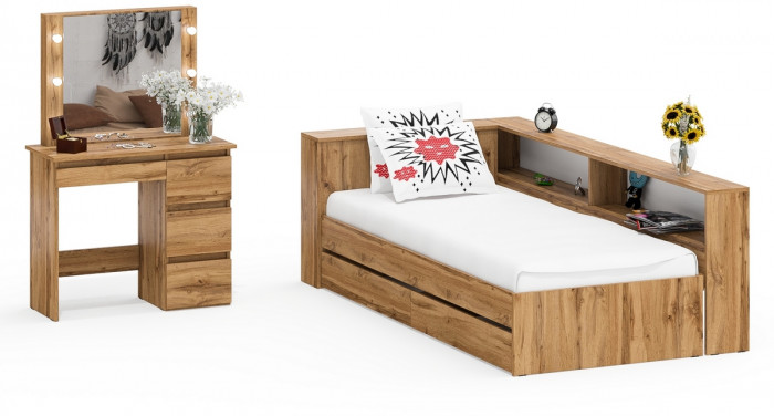 Ксения Кровать с ящиками 0900 + прикроватный блок + Столик с подсветкой Сура, дуб вотан