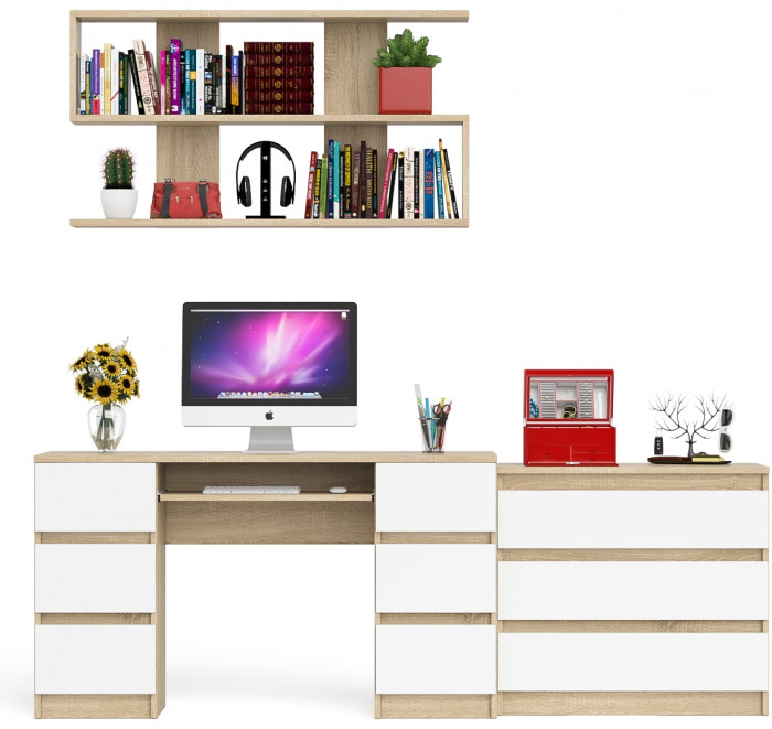 Мори компьютерный стол МС-2 + Комод МК800.1 + Полка 1200, дуб сонома/белый