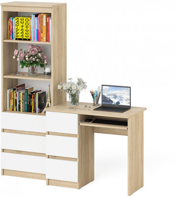 Мори компьютерный стол МС-6 левый + Стеллаж МСТ600.3, дуб сонома/белый