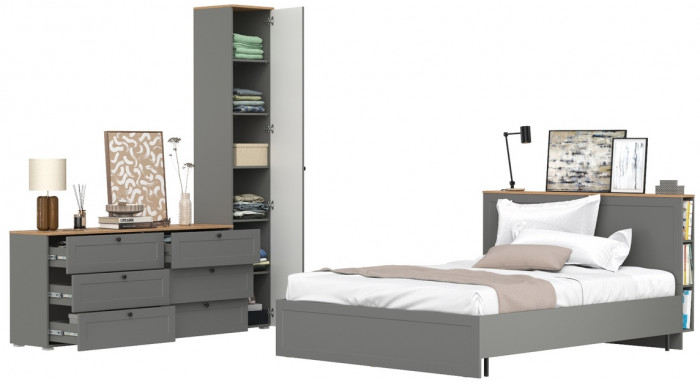 Остин 11.53 Кровать + ортопед + 13.227 Шкаф-пенал + 16.240 Комод, серый графит/дуб крафт золотой
