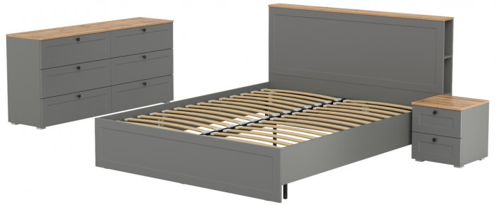 Остин 11.53 Кровать + ортопед + 16.240 Комод + 16.152 Тумба прикроватная, серый графит/дуб крафт золотой