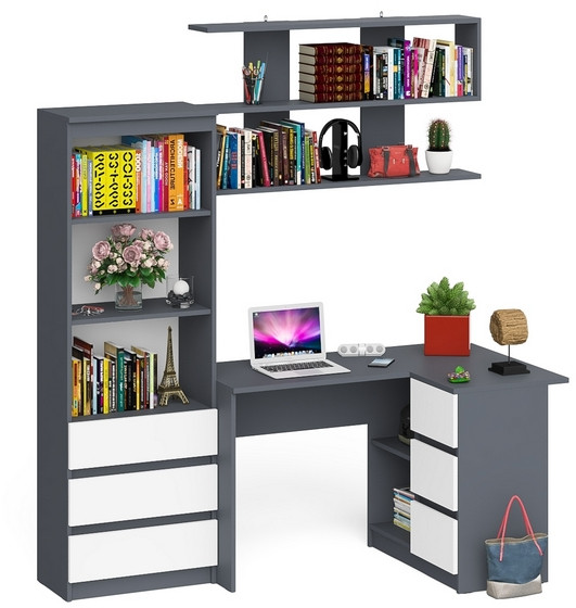 Мори компьютерный стол МС-16 правый + Стеллаж МСТ600.3 + Полка 1200, графит/белый