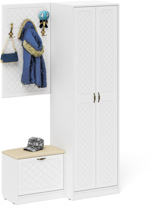 Прихожая П-6 Компоновка № 12, белая шагрень/фасады МДФ белое дерево фрезеровка ромб